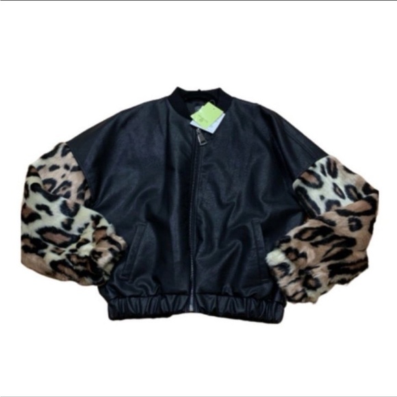 HEURUEH Jacket NEW WITH TAGS leopard faux fur & vegan leather bomber jacket - Picture 6 of 7